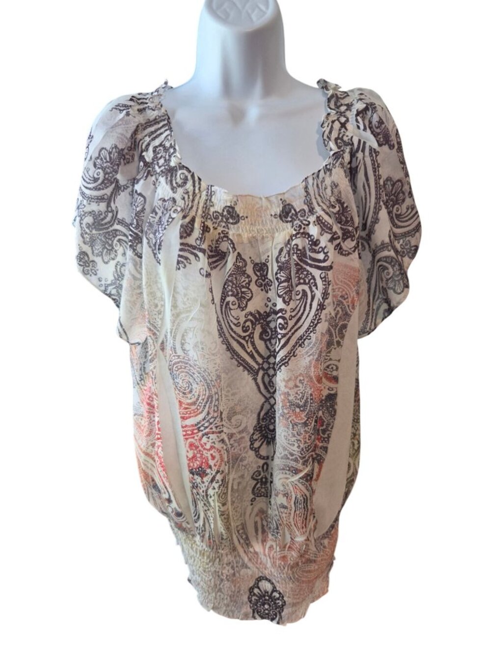 Cato Womens L Paisley Blouse Boho Peasant Smocked Ivory Brown Fall Cottagecore